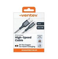Ventev Braided Usb A to Micro Usb High Speed 6 Foot Cable-Gray