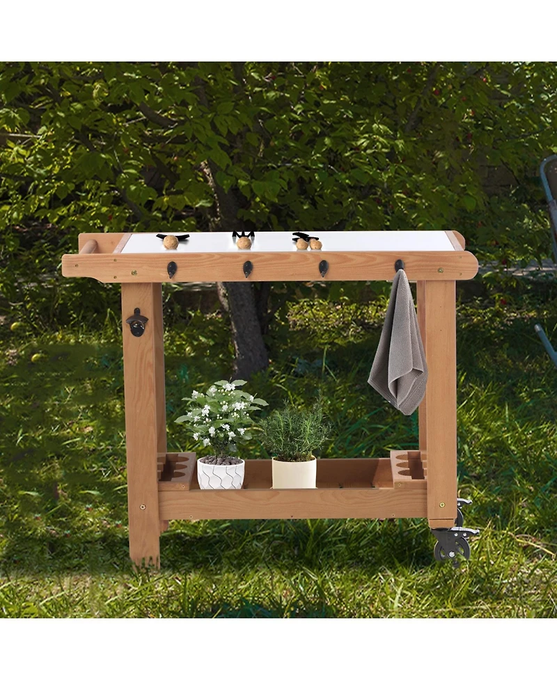 Streamdale Furniture Wooden Garden Cart Table with Metal Top & Hook