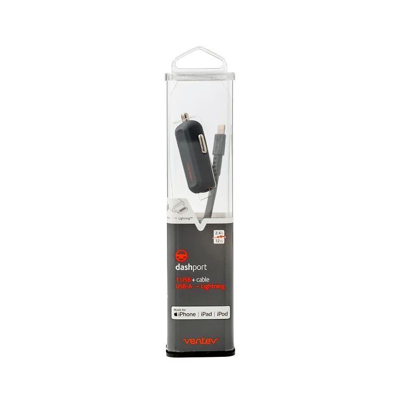 Ventev 12W Usb A Mini Car Charger and Usb A to Apple Lightning Cable-Gray