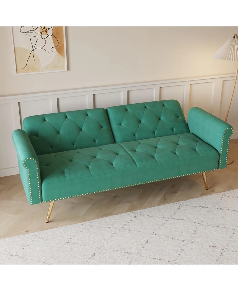 Streamdale Furniture Green Velvet Sofa Bed with Nailhead Trim & Pillow