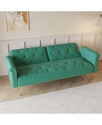 Streamdale Furniture Green Velvet Sofa Bed with Nailhead Trim & Pillow