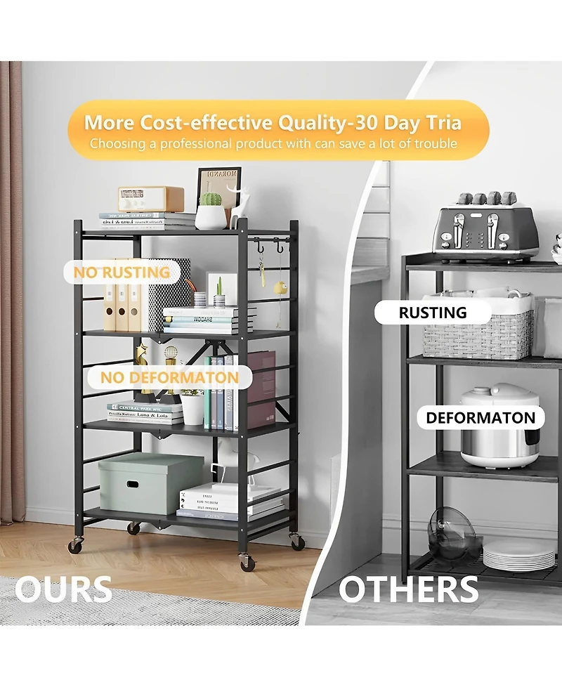 Sugift 4-Tier Foldable Storage Shelves, Metal Storage Rack with Wheels and Hooks