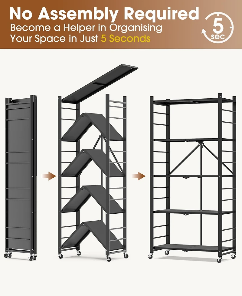 Sugift 5-Tier Foldable Storage Shelves, Metal Storage Rack with Wheels and Hooks