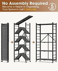 Sugift 5-Tier Foldable Storage Shelves, Metal Storage Rack with Wheels and Hooks