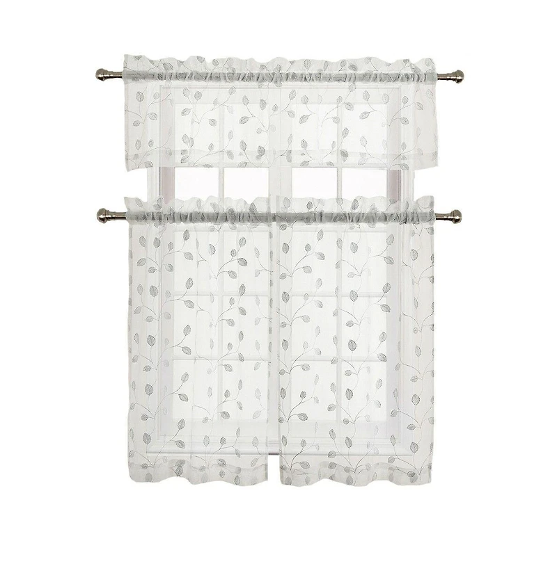 Kate Aurora GoodGram Adler Metallic Embroidered Leaves 3 Piece Sheer Kitchen Curtain Set - 58 in. W x 36 in. L, White