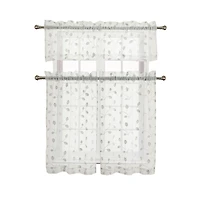 Kate Aurora GoodGram Adler Metallic Embroidered Leaves 3 Piece Sheer Kitchen Curtain Set - 58 in. W x 36 in. L, White