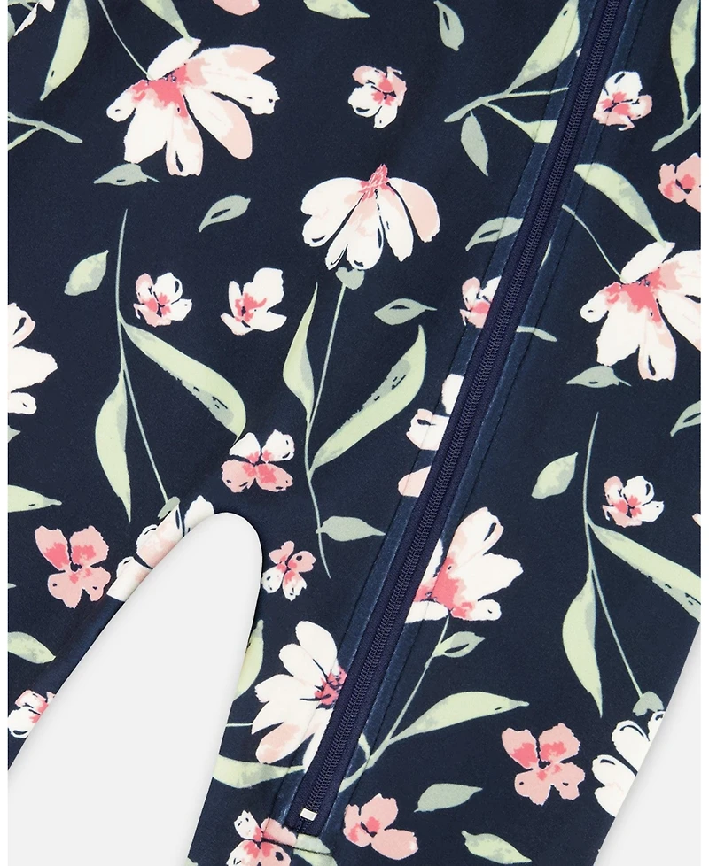 Deux par Toddler Girls One-Piece Thermal Underwear Navy Flower Print - Toddler|Child