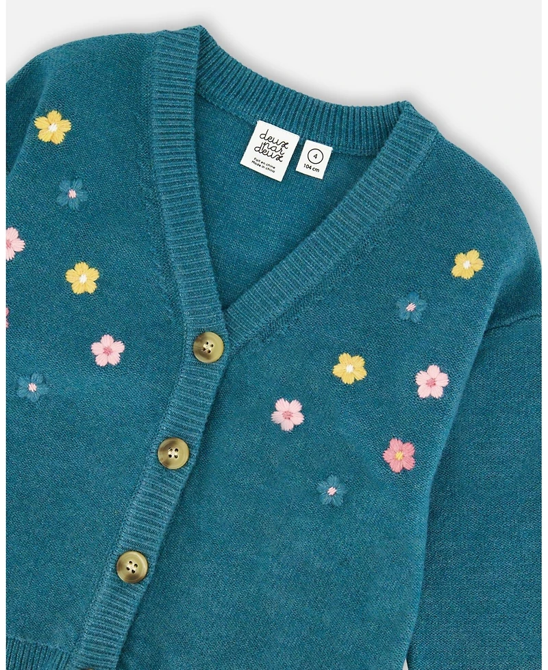 Deux par Girl Knitted Cardigan Dark Green with Flower Embroidery