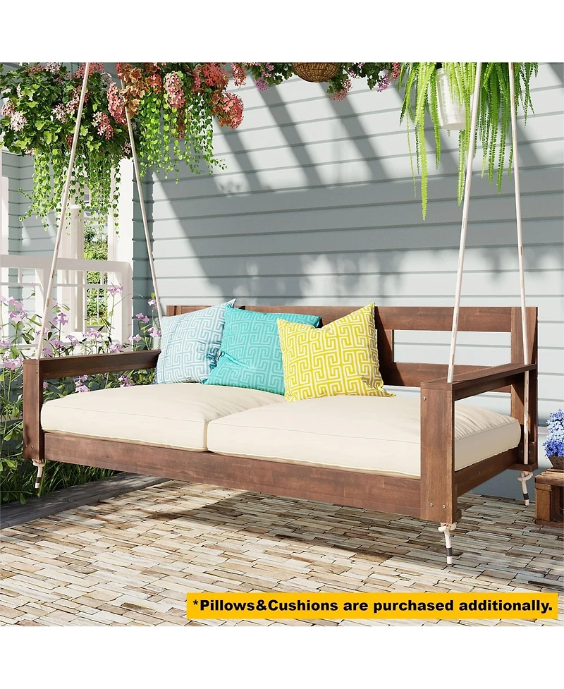 Flynama Patio Wooden Twin Size Porch Swing Daybed Frame, Garden Swing Bench Chair with 4 Hanging Ropes for Backyard,Outdoor,Brown