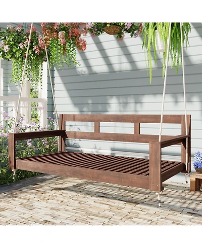 Flynama Patio Wooden Twin Size Porch Swing Daybed Frame, Garden Swing Bench Chair with 4 Hanging Ropes for Backyard,Outdoor,Brown