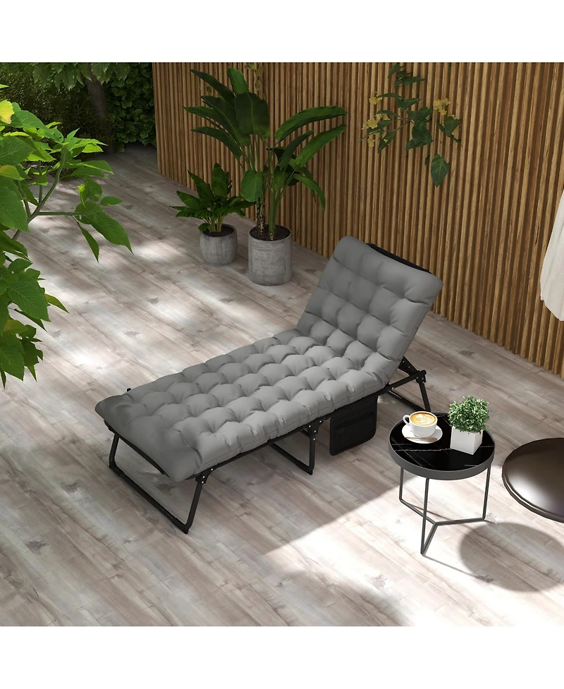 Outdoor Chaise, Adjustable Folding Chaise Lounge with 4-position Backrest, Magazine Pocket, Removable Head Pillow, Sun Bathing Lounger Chair for Patio