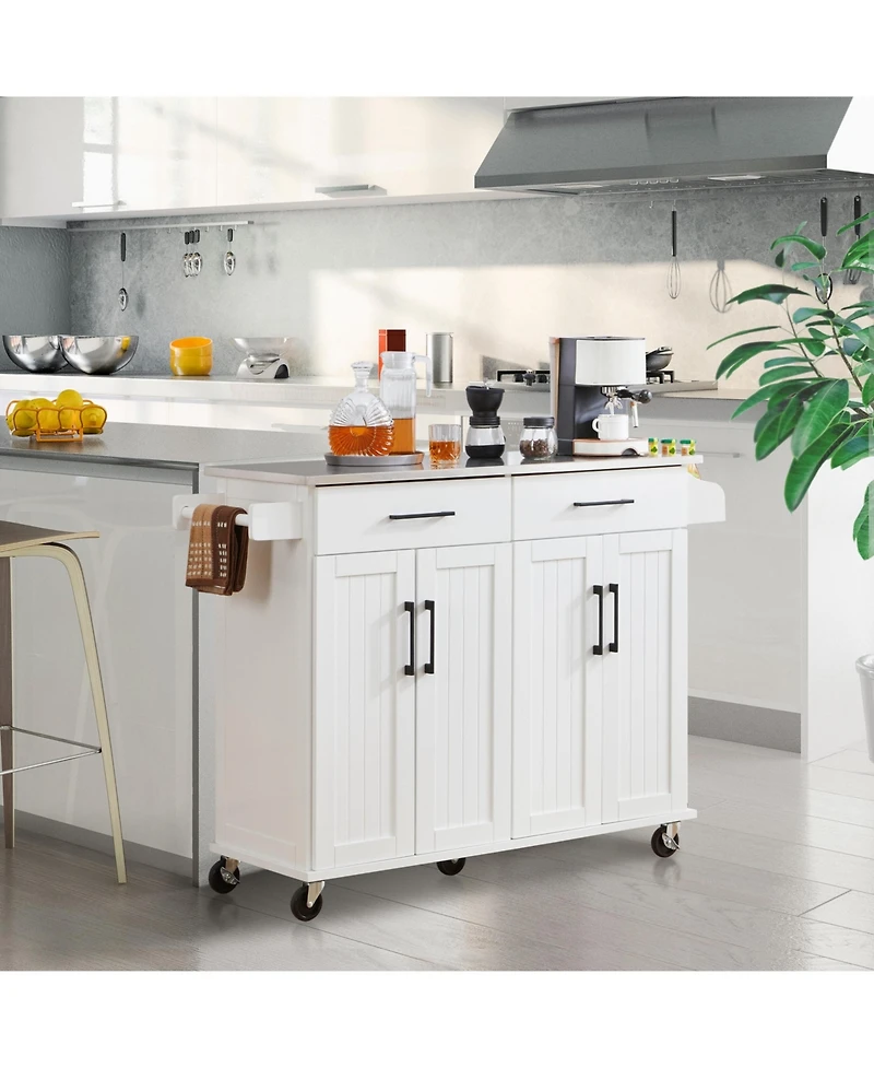 Kitchen Island on Wheels, Large Kitchen Island with Storage Drawers & Cabinets & Towel Bar & Spice Rack Black