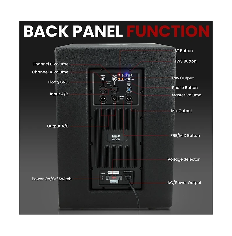 Pyle 12'' 1600W Active Powered Subwoofer Box System with Professional Design