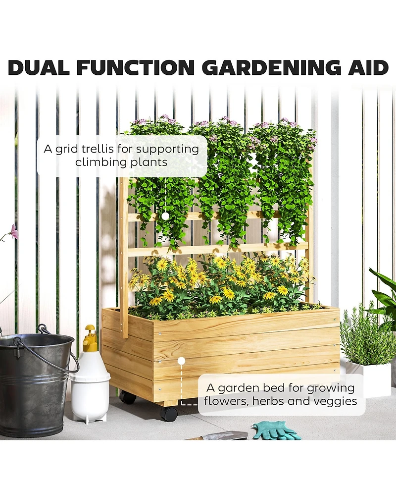 Outsunny Wood Planter with Trellis and Wheels Raised Planter Box, Natural