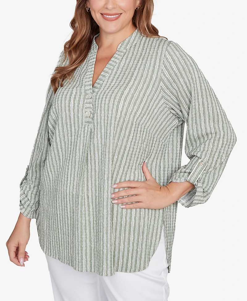 Ruby Rd. Plus Crinkle Knit Striped Henley Top