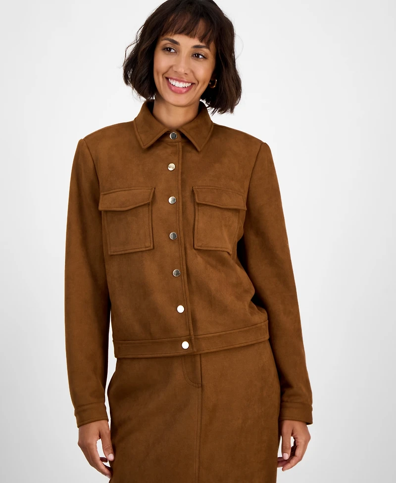 T Tahari Women's Faux-Suede Snap-Front Long-Sleeve Jacket