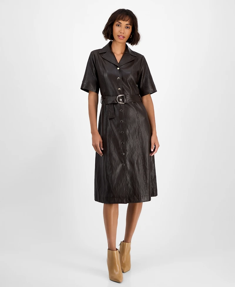 T Tahari Women's Faux-Leather Belted Button-Front Dress
