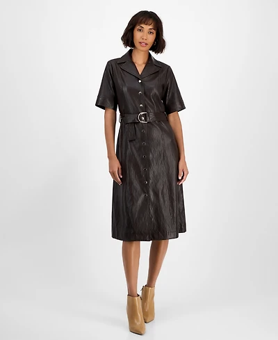 T Tahari Women's Faux-Leather Belted Button-Front Dress