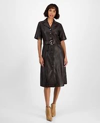 T Tahari Women's Faux-Leather Belted Button-Front Dress