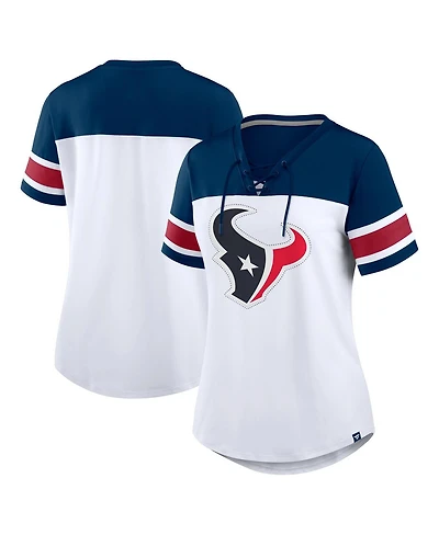Fanatics Women's White/Navy Houston Texans Athena Rhinestone Lace-Up V-Neck T-Shirt