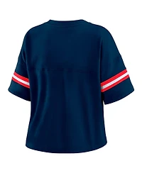 Wear by Erin Andrews Women's Navy New England Patriots Color Block Boxy Modest Crop V-Neck T-Shirt