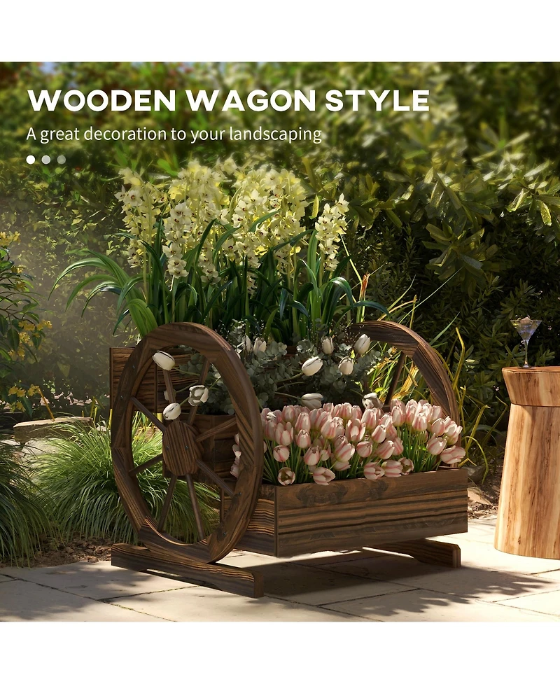 Outsunny Wooden Wagon Planter Box, Decorative 3-Tier Stair Step Garden Bed
