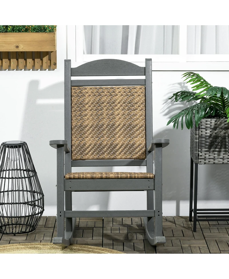 Outsunny Outdoor Rocking Chair, Hdpe Pe Wicker Padded Porch Rocker,