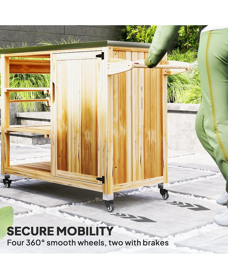 Outsunny Grill Cart, Stainless Steel Top Kitchen Island, Natural Wood