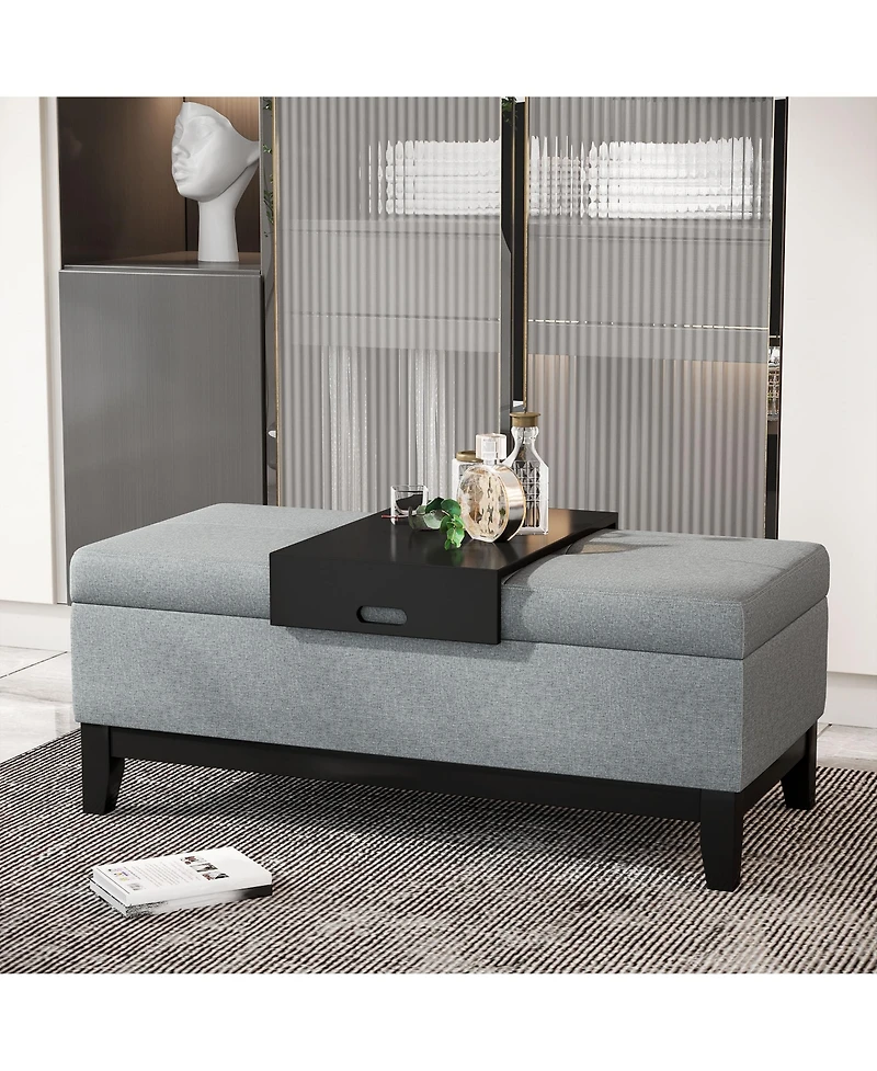 Fabric Upholste Storage Ottoman Recgular Bench Wood Leg Furniture W/Tray