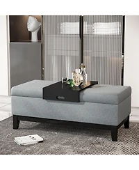 Fabric Upholste Storage Ottoman Recgular Bench Wood Leg Furniture W/Tray