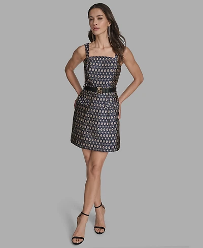 Bcbg Women's Belted Metallic Jacquard A-Line Dress