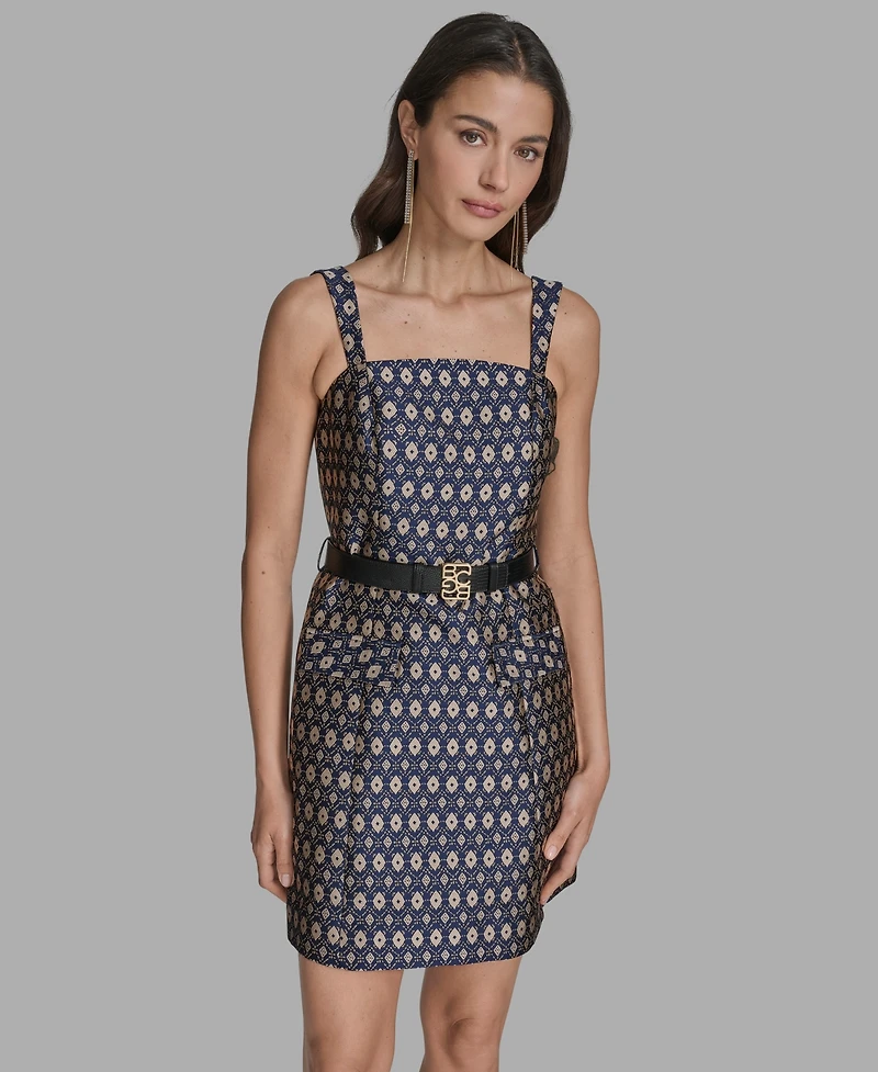 Bcbg Women's Belted Metallic Jacquard A-Line Dress