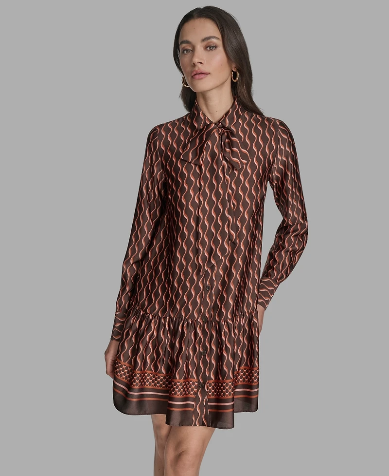 Bcbg Women's Satin Tie-Neck Long-Sleeve Shift Dress