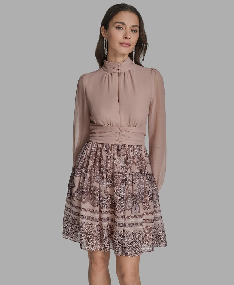 Bcbg Women's Mock-Neck Long-Sleeve Chiffon Fit & Flare Dress