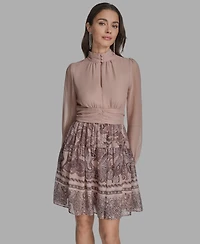 Bcbg Women's Mock-Neck Long-Sleeve Chiffon Fit & Flare Dress