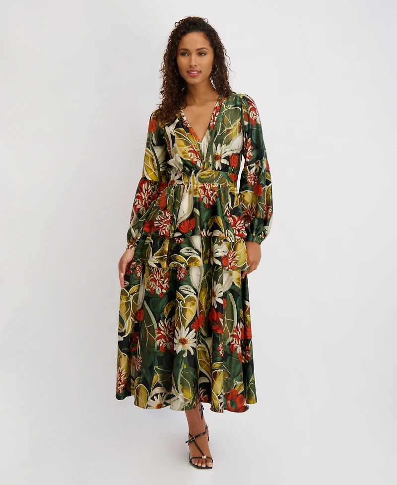 Siena Women's Printed Satin Long-Sleeve Maxi Dress