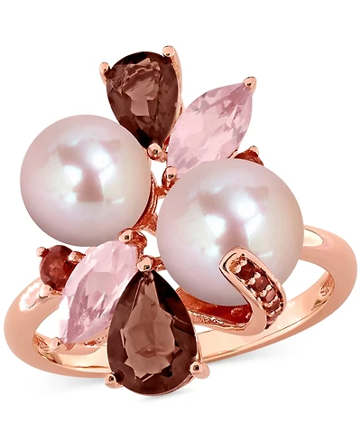 Cultured Freshwater Pearl (7-8.5mm) Multi-Gemstone (1-3/4 ct. t.w.) Ring 18k Rose Gold-Plated Sterling Silver