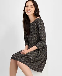 Connected Petite Printed Round-Neck 3/4-Sleeve Dress