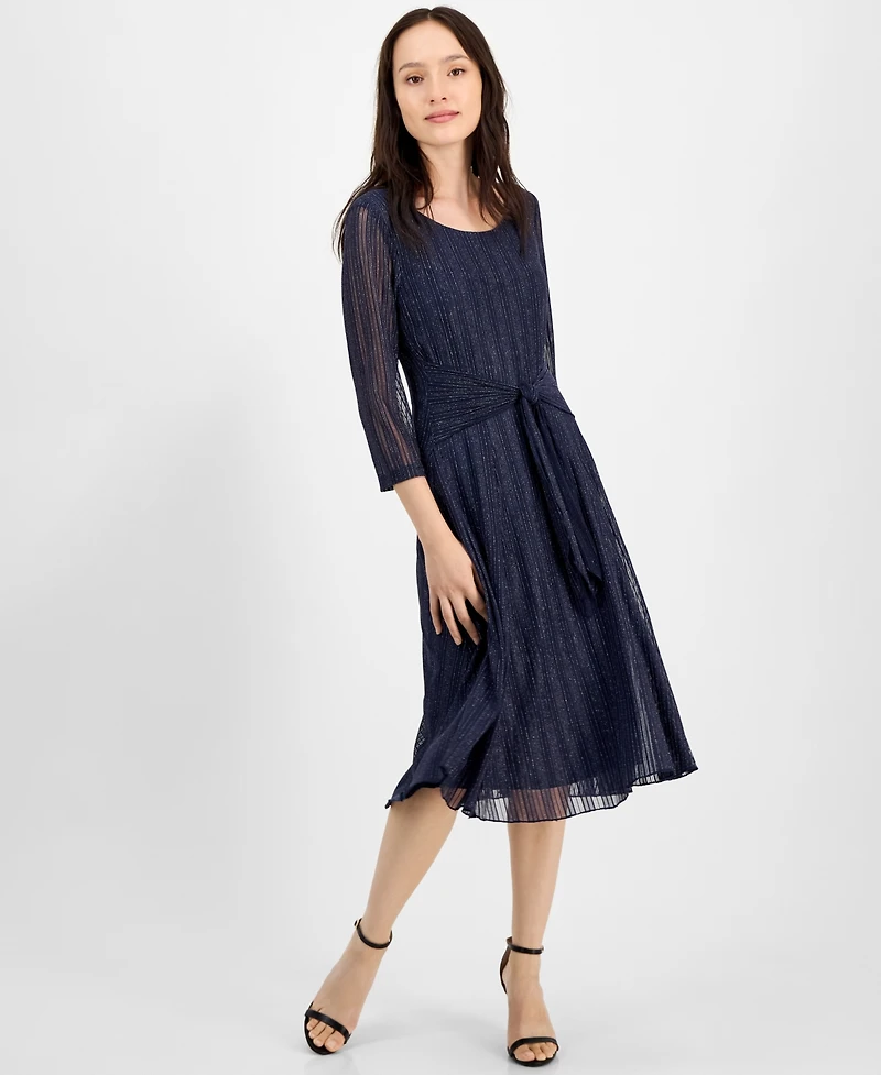 Connected Petite Mesh Tie-Waist 3/4-Sleeve Midi Dress