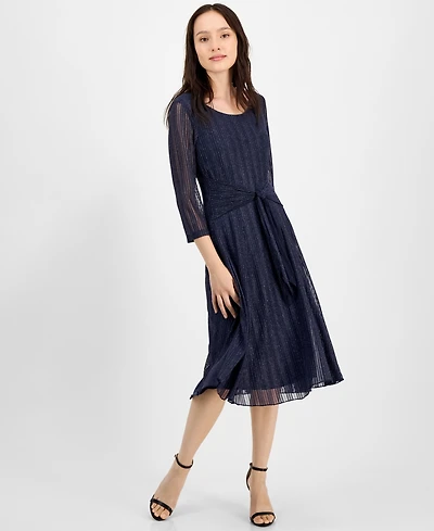 Connected Petite Mesh Tie-Waist 3/4-Sleeve Midi Dress