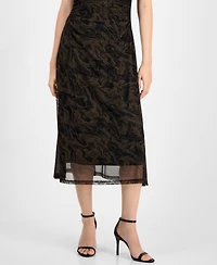 Connected Petite Printed-Mesh Cap-Sleeve Midi Dress
