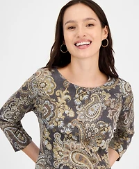 Connected Petite Printed Round-Neck 3/4-Sleeve Dress