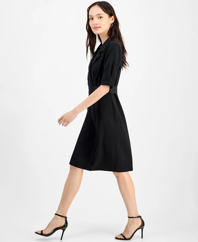 Connected Petite Scuba Faux-Wrap Notch-Collar Dress