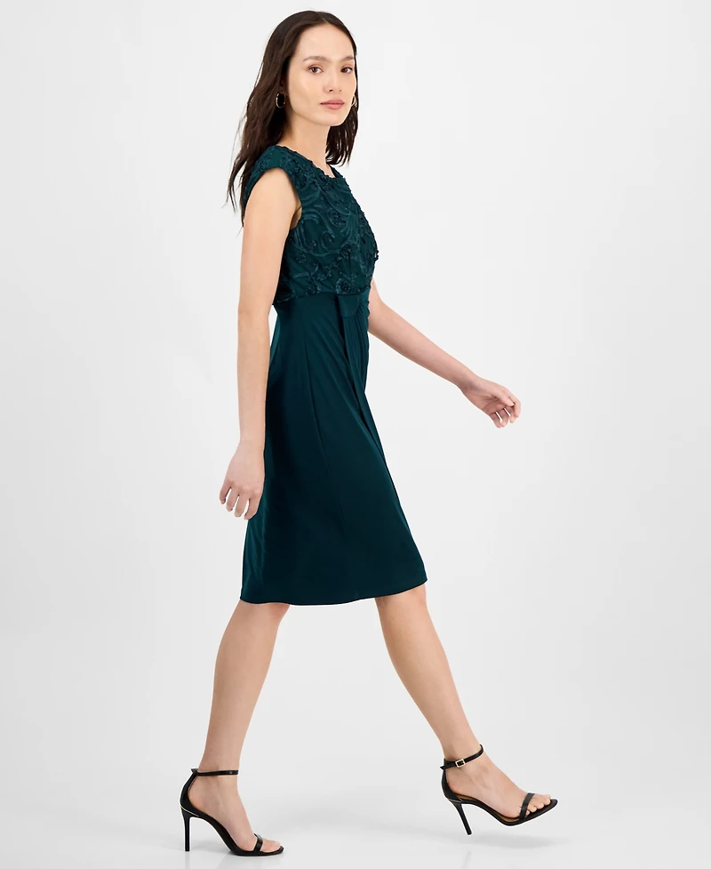 Connected Petite Textured-Bodice Boat-Neck Cap-Sleeve Dress