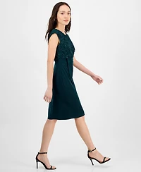 Connected Petite Textured-Bodice Boat-Neck Cap-Sleeve Dress