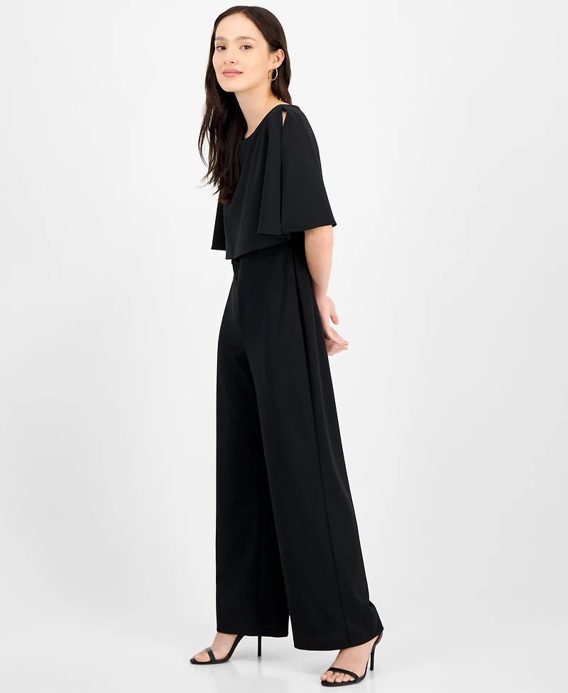 Connected Petite Cape-Sleeve Round-Neck Wide-Leg Jumpsuit