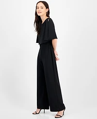 Connected Petite Cape-Sleeve Round-Neck Wide-Leg Jumpsuit