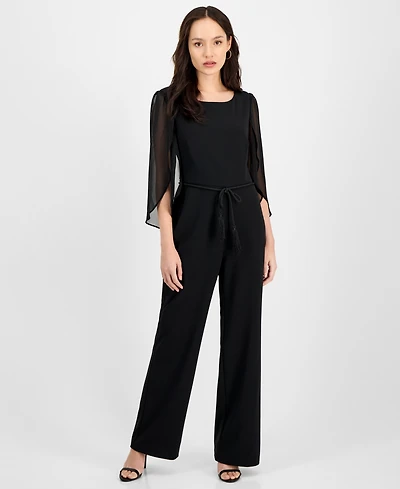 Connected Petite Bell-Sleeve Tassel-Belt Wide-Leg Jumpsuit