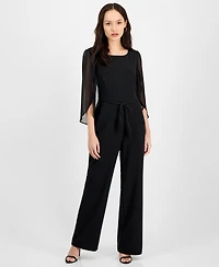 Connected Petite Bell-Sleeve Tassel-Belt Wide-Leg Jumpsuit