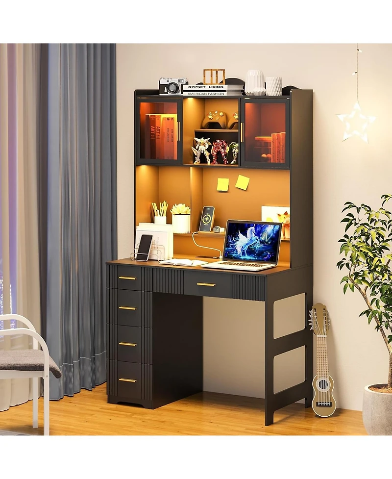 Vlsrka Office study computer desk with charging station and Led lights